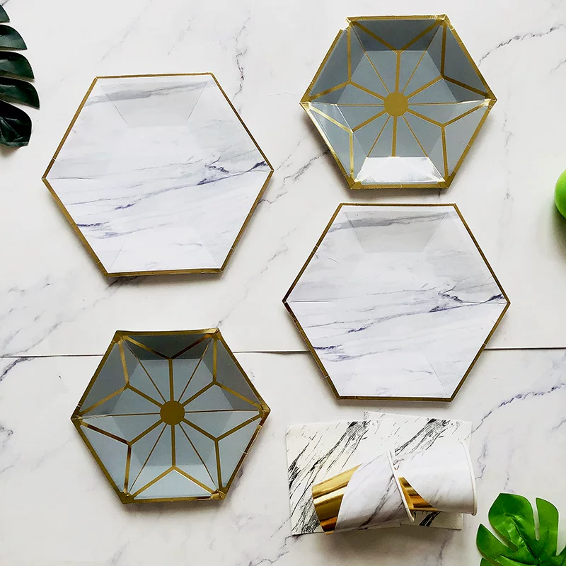 Hexagonal gold-printed marble disposable party plates for cake fruit plates picnic plates cups