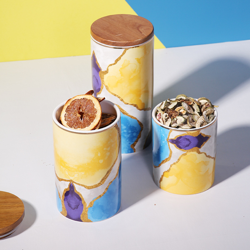 Luz estilo de tinta de lujo cerámica sellada tarro café cubo azúcar té condimento granos con tapa almacenamiento creativo tarro Decoración