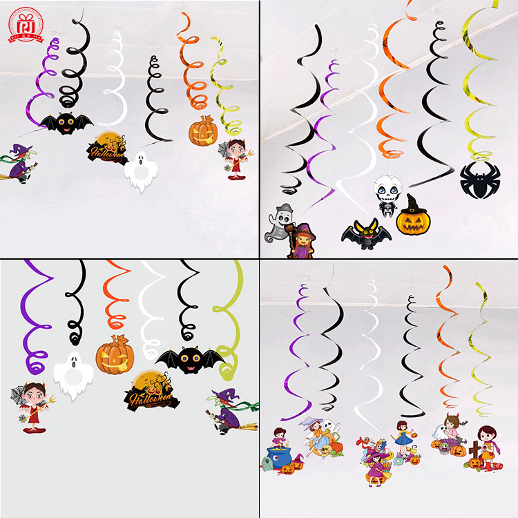 Decoraciones colgantes en espiral de PVC para Halloween, bruja, araña, calabaza, fantasma, suministros de decoración para fiestas, estilo de dibujos animados.
