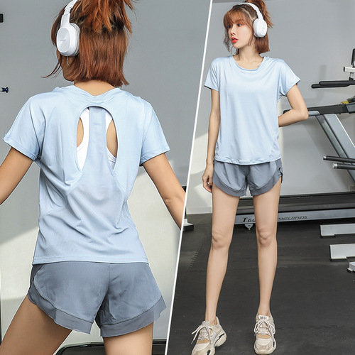Yoga set for women, short-sleeved and short shorts, two-piece summer thin version, running sports suit, quick-drying, trending fitness clothes, loose fit
