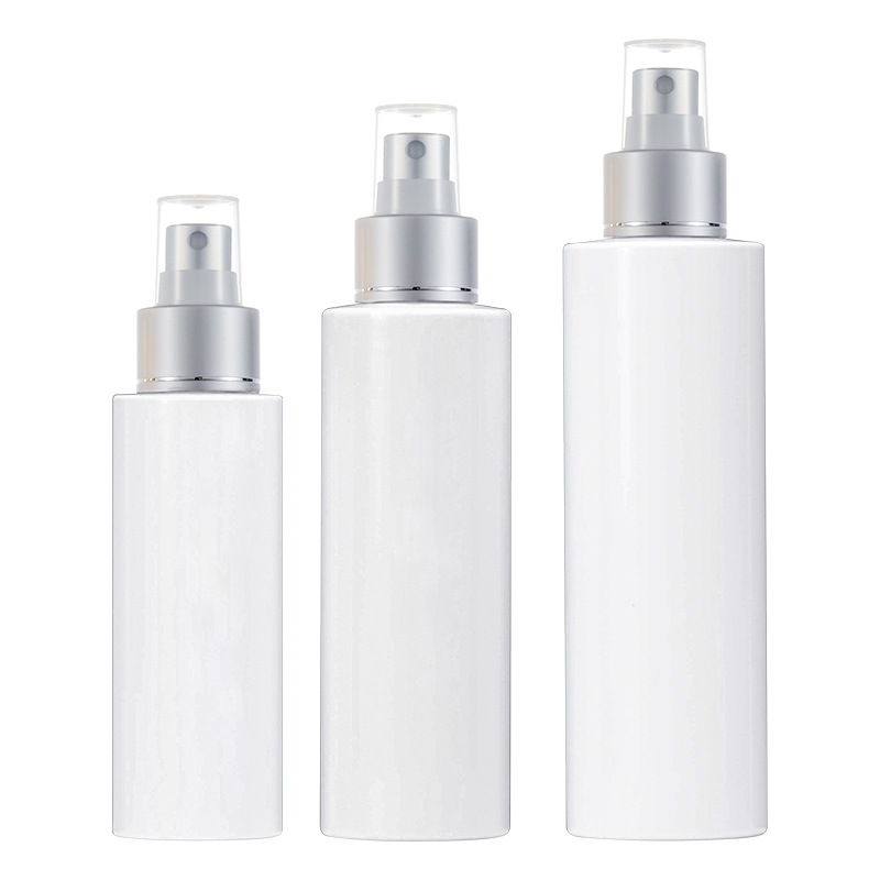 100-150ml botella de spray de plástico 200ml blanco PET puro Rocío spray botella de plata de aluminio electroquímico aerosol Xumin material de embalaje