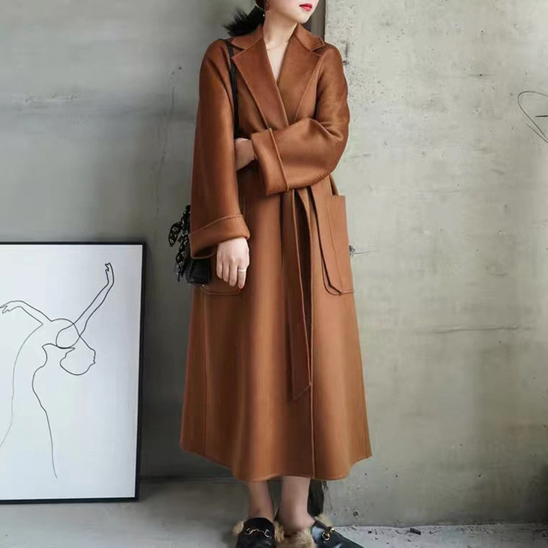 Popular 2025 Water Ripple Double-Sided Cashmere Outwear for Women, Extra Long European and American Bathrobe Style Autumn and Winter Outwear for Women
