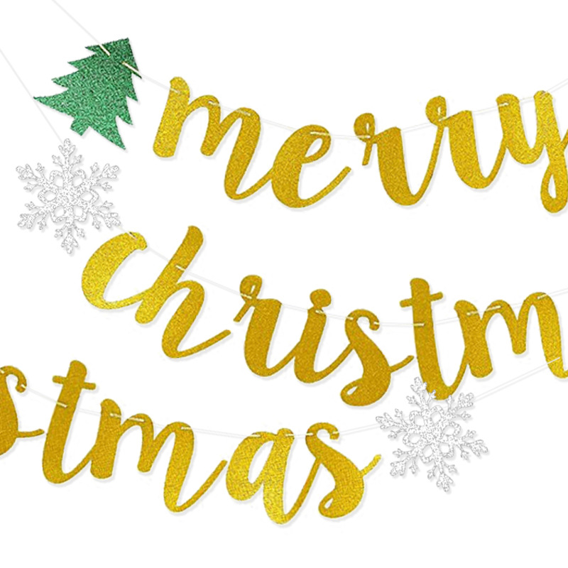 Decoración del árbol de Navidad, bandera de nieve de Navidad, polvo brillante, flores, cartas de Feliz Navidad colgadas