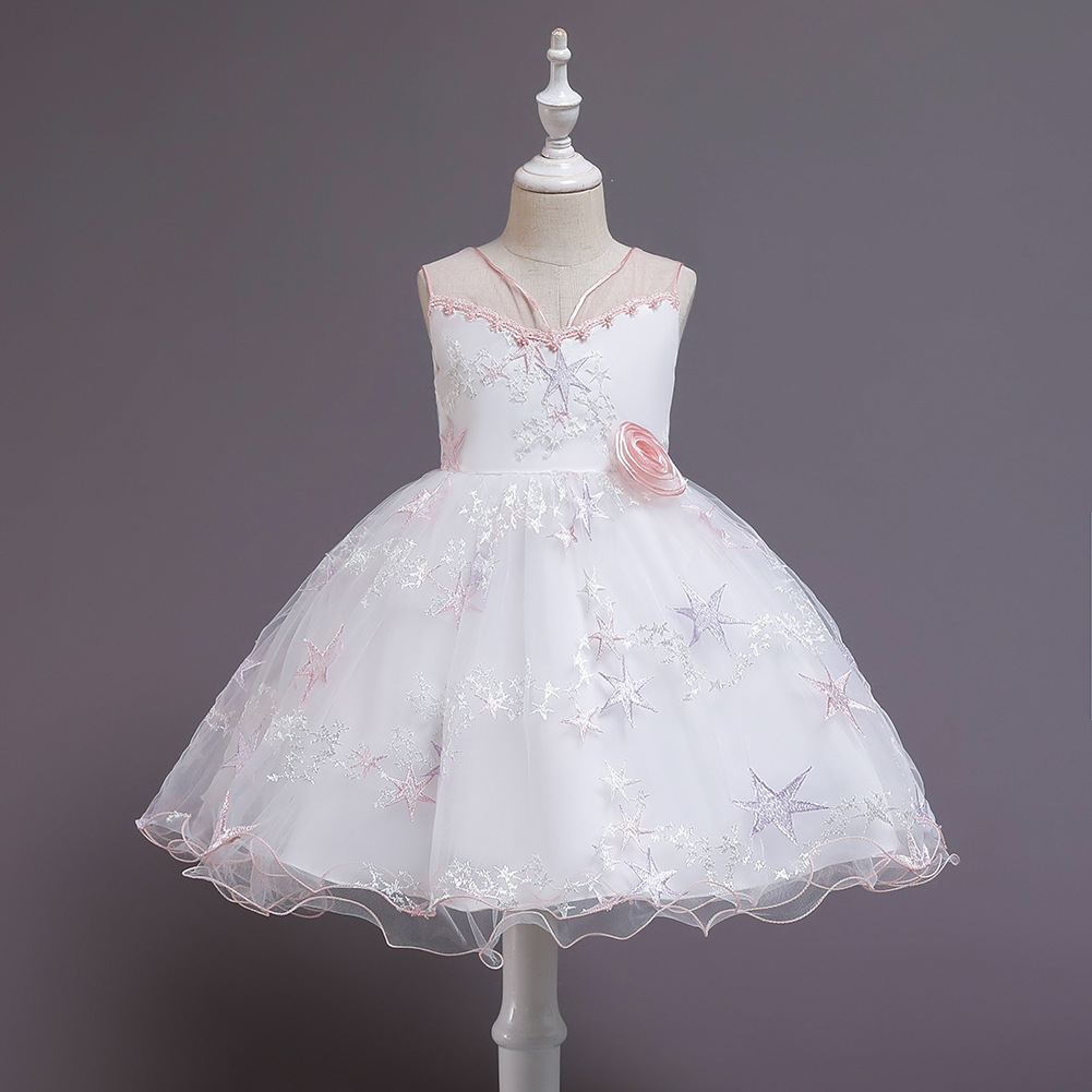 Vestido de princesa coreana vestido de pasarela para niños vestido de princesa impreso sin mangas vestido de niña blanco vestido de niña de flores en stock