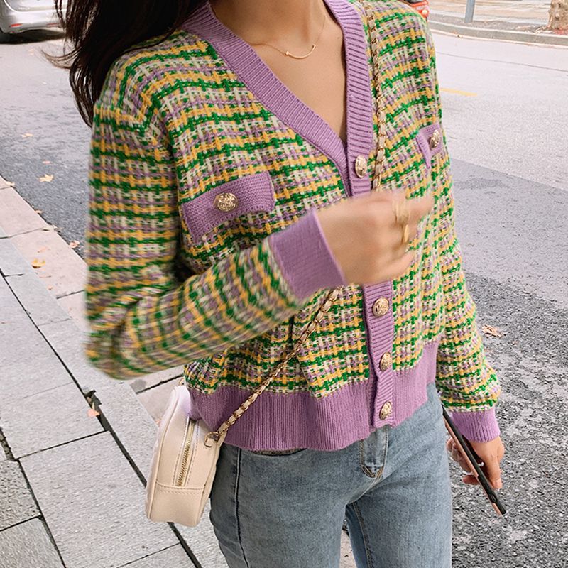 Tweed Style Sweater Women's 2025 Spring and Autumn Loose Lazy Style Korean Style Trendy Student Plaid Short Top Knitted Tops