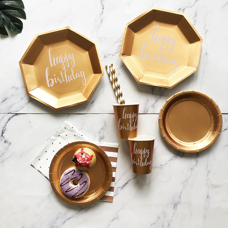 Rose Gold Octagon Happy birthday Paper Plate Disc Disposable Party Dinner Plate Paper Cup Shaped Plate