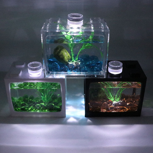 New acrylic fish tank transparent creative table area wooden betta tank LED light mini small landscaping aquarium