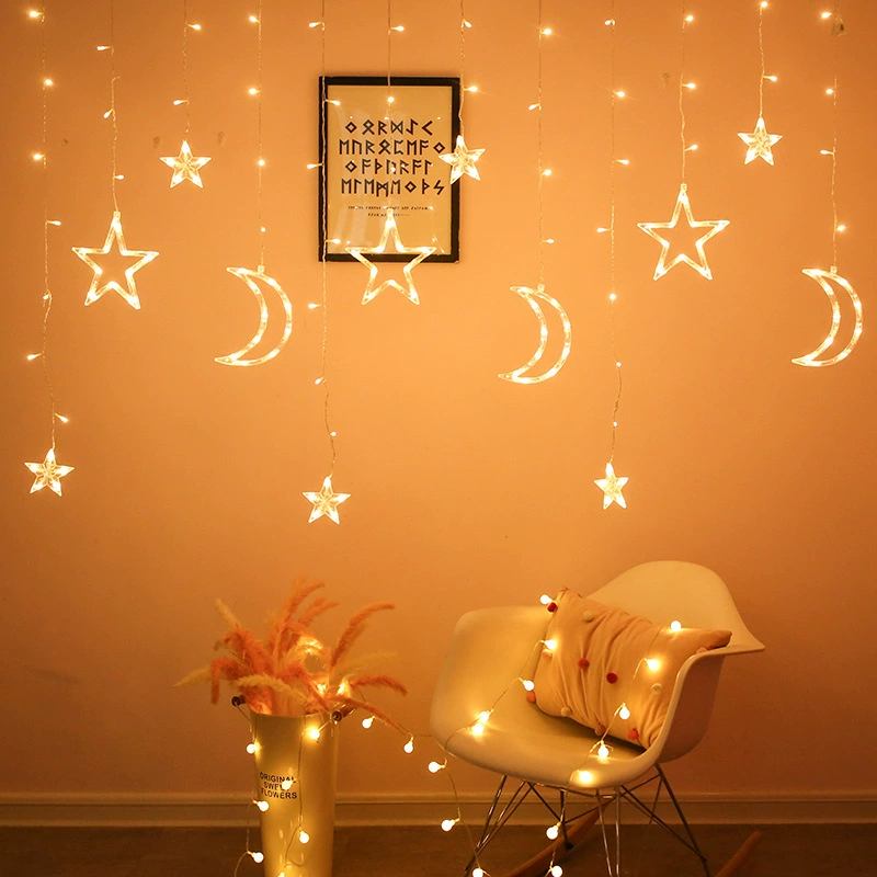 LED star and moon curtain lights, decorative string, warm white/color, USB/battery/110–220V options