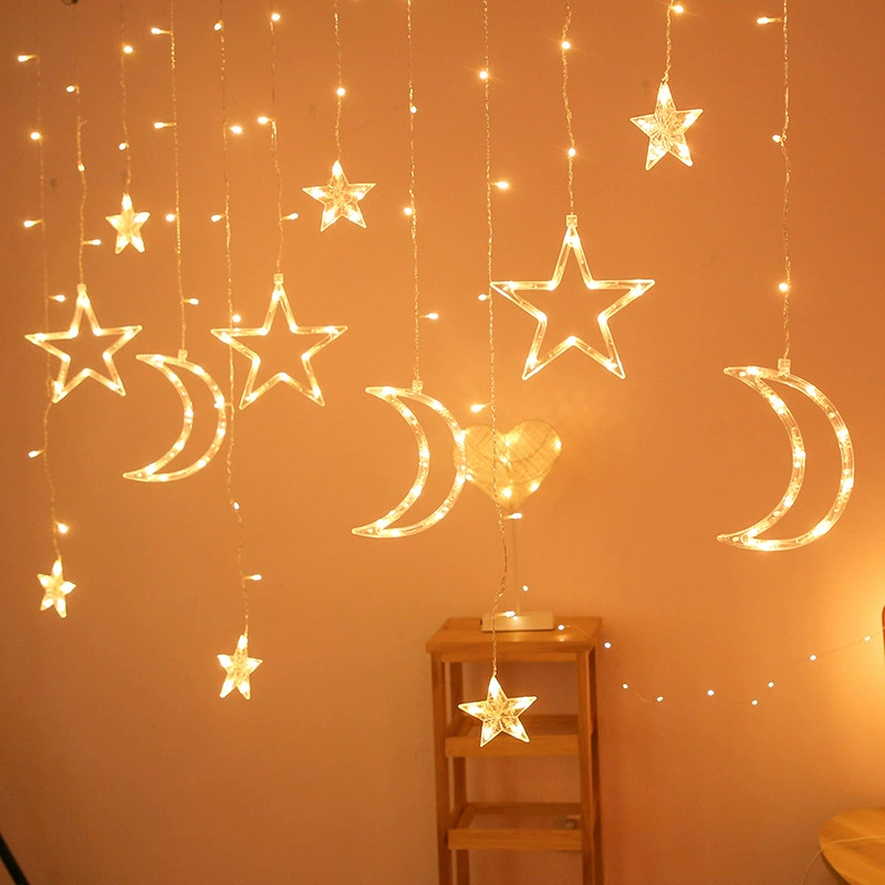 LED star and moon curtain lights, decorative string, warm white/color, USB/battery/110–220V options