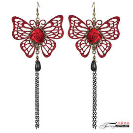 韩版韩式时尚流苏长款耳环珍珠镂空酒红色蝴蝶耳坠现货混批发E110