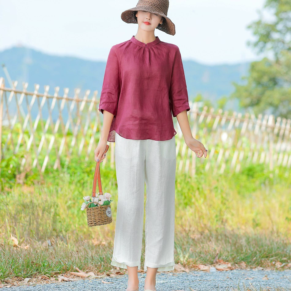 Оригинальная женская льняная художественная блузка с вышивкой и рукавами три четверти, стройнящая рубашка с воротником-стойкой ранней осени 2020