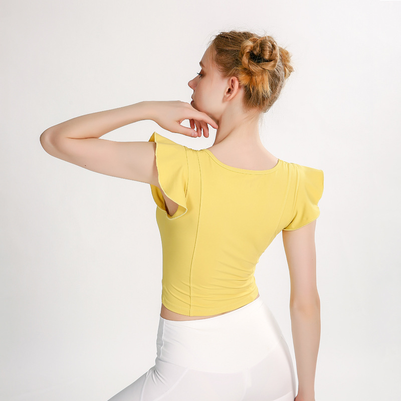 2020 nueva hoja de loto hombro de yoga top de las mujeres piel desnuda alta elástica deportes entrenamiento fitness absorción de humedad de secado rápido camiseta