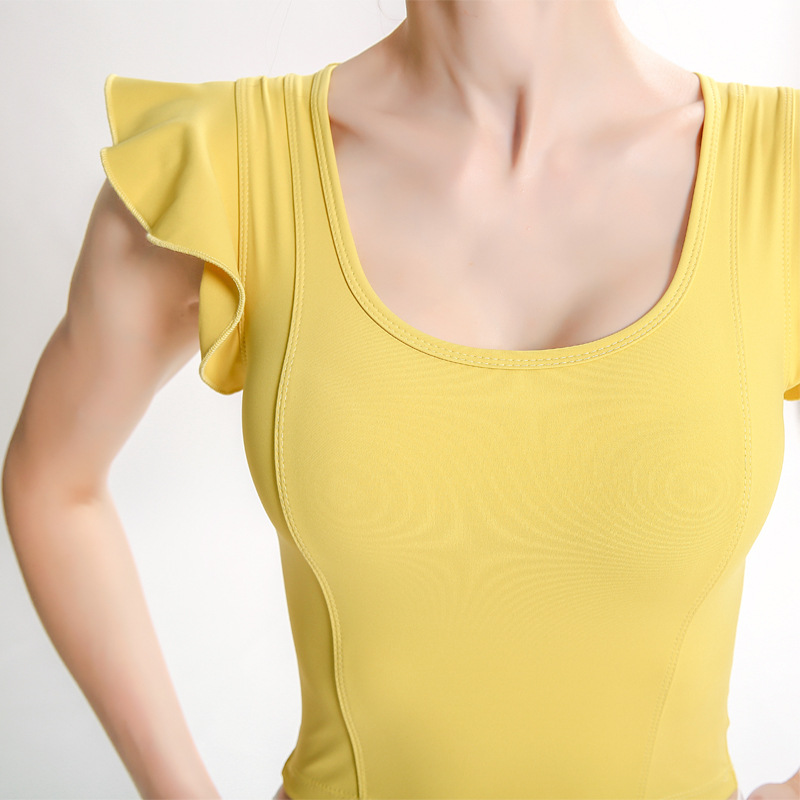 2020 nueva hoja de loto hombro de yoga top de las mujeres piel desnuda alta elástica deportes entrenamiento fitness absorción de humedad de secado rápido camiseta