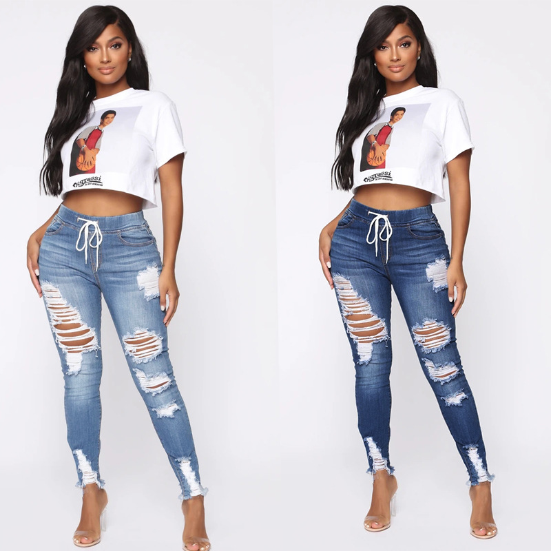 2021 pantalones vaqueros de mujer de cintura elástica de primavera europea y americana de cintura alta rasgados delgados pantalones con cordones