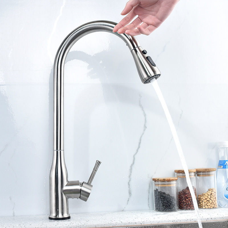 Single-hole black stainless steel pull-out kitchen faucet dual-function nozzle household hot and cold faucet CF1002