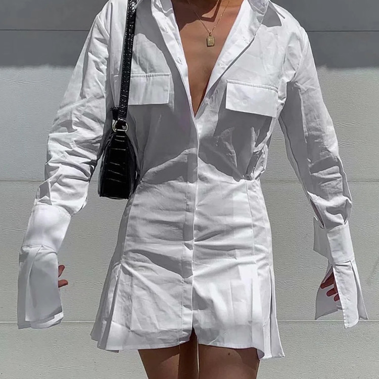 European and American Women's 2020 Autumn New French Retro Lapel Single-breasted Super Long Horn Sleeve Shirt dress