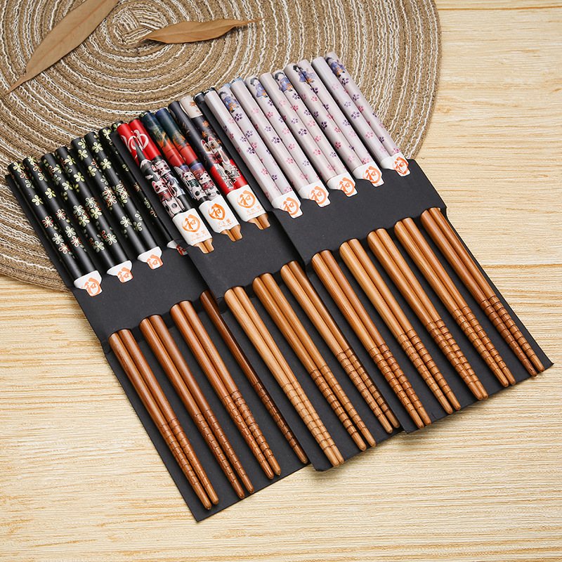 日式天然竹筷子家居餐具套装防滑头彩色印花家用盒套装5双快批发
