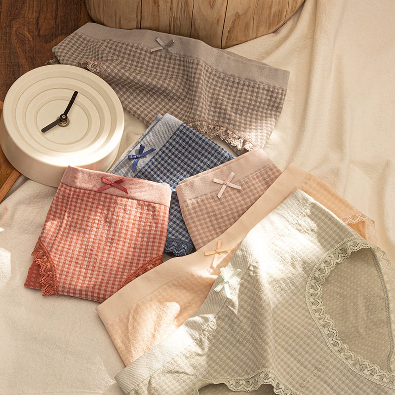 [Individually Packaged] Seamless Underwear for Women, Plaid Lace Mid-Waist Antibacterial Seamless Triangle Shorts for Girls, Breathable and Antibacterial