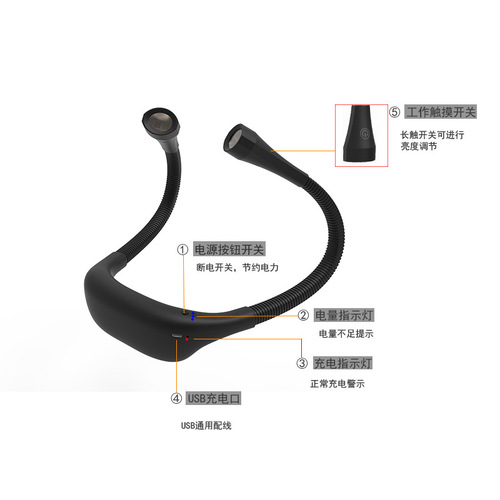 Cross-border necklace light, student eye-protection LED reading lamp, USB charging book light, outdoor night run neck light