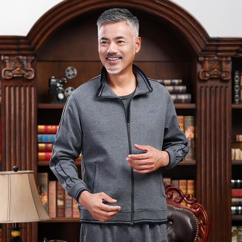 Men's Fall and Spring Large Size Sports Set, Middle-Aged Men's Exercise Suit, Father's Outfit Sweatshirt and Jacket Set