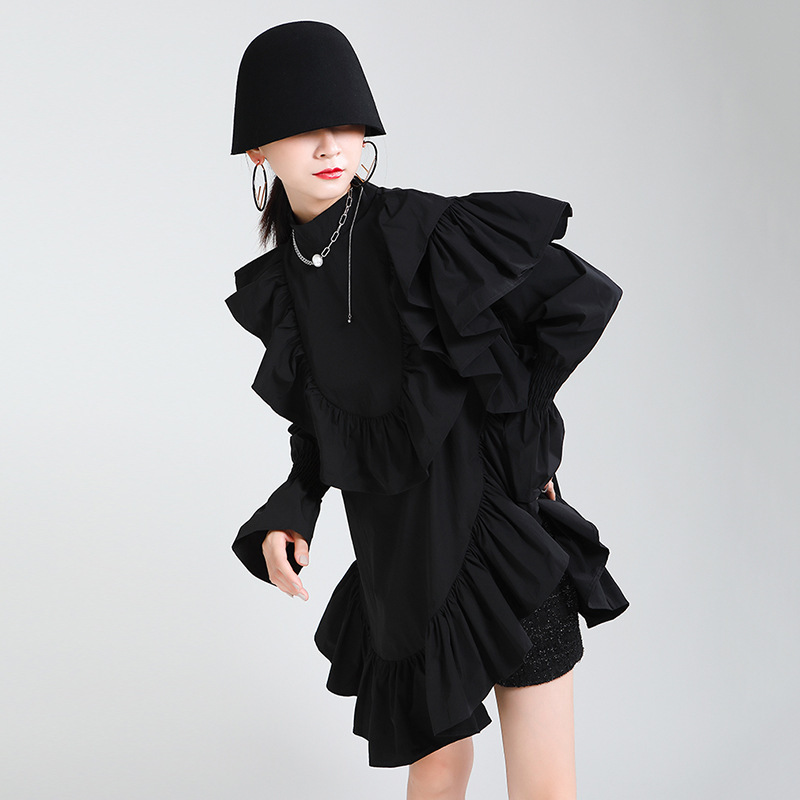 2025 Spring French-Style Platycodon Shirt Dress for Women with Pear-Shaped Body, Featuring Ruffled Edges, Slimming Effect, Elegant Long Sleeves