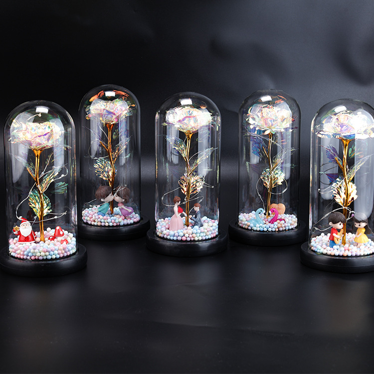 Cruz-frontera eterna flor Rosa cubierta de vidrio color oro flor música con luces regalo del Día de San Valentín Navidad escritorio pequeños adornos