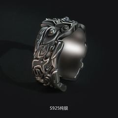 千葉泰銀男性獣面紋レトロ指輪男性個性潮男覇気人差指潮人カップル口指環