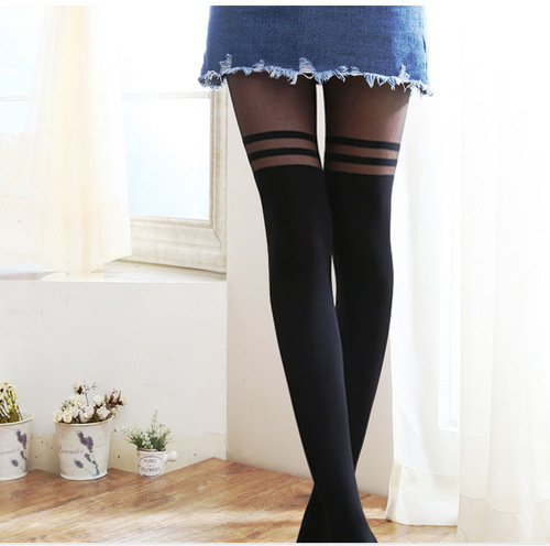 Spring College Style Striped Splicing Socks Fake High-Top Tights Fake Thigh-High Stockings Base Silk Stockings Black Horizontal Stripes