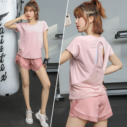 Yoga set for women, short-sleeved and short shorts, two-piece summer thin version, running sports suit, quick-drying, trending fitness clothes, loose fit