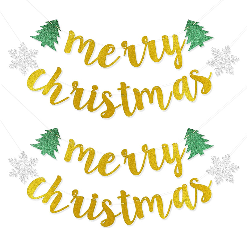 Decoración del árbol de Navidad, bandera de nieve de Navidad, polvo brillante, flores, cartas de Feliz Navidad colgadas