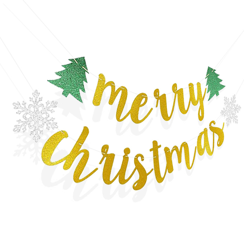 Decoración del árbol de Navidad, bandera de nieve de Navidad, polvo brillante, flores, cartas de Feliz Navidad colgadas