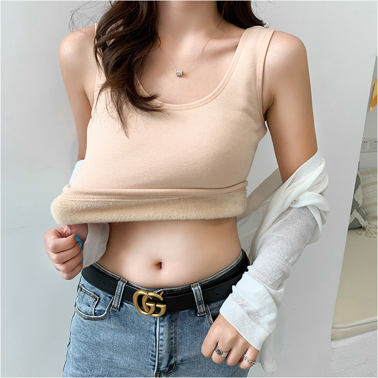 New Autumn and Winter Fleece-Lined Sleeveless Wide-Shoulder Chic Short Undershirt Women's Vest Korean Style Girl Sports Camisole