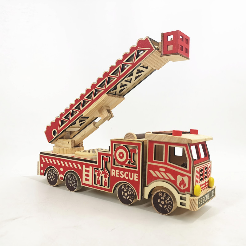 Wooden Model Ornaments Wooden Fire Rescue Vehicle Kidsren's Toys Transporter Fire Truck Model Wood Products