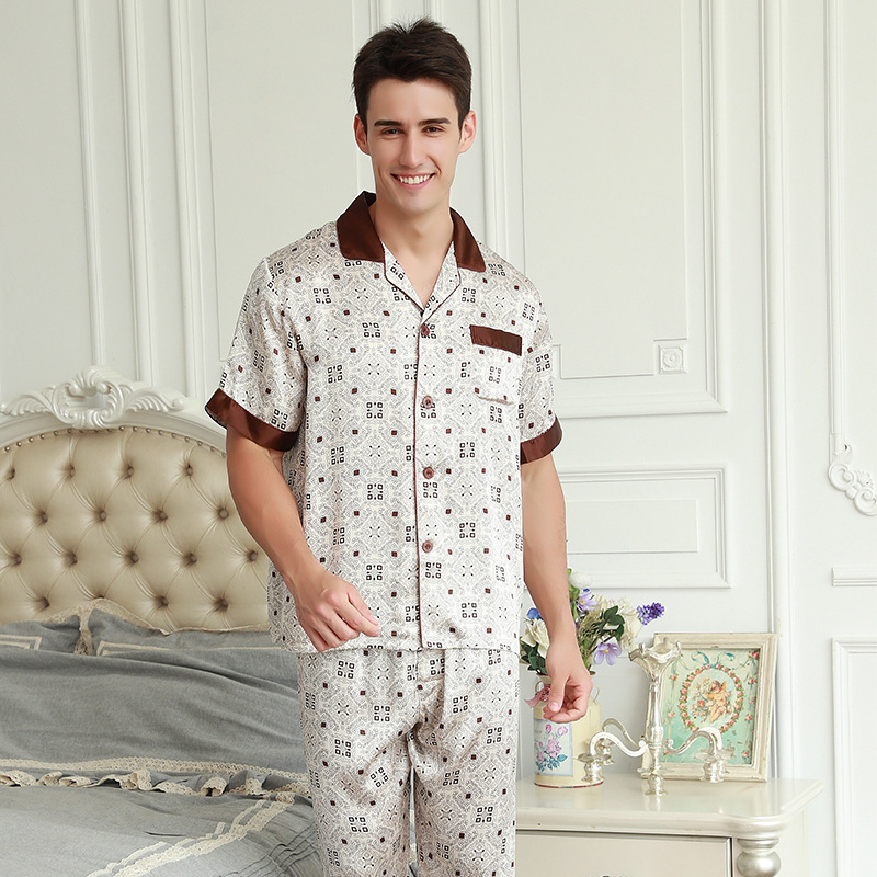 92% Mulberry Silk Men's Pajamas 16 Momme Silk Loungewear Summer Short-Sleeve Long-Pants Set with a Turn-Down Collar and Loose Fit