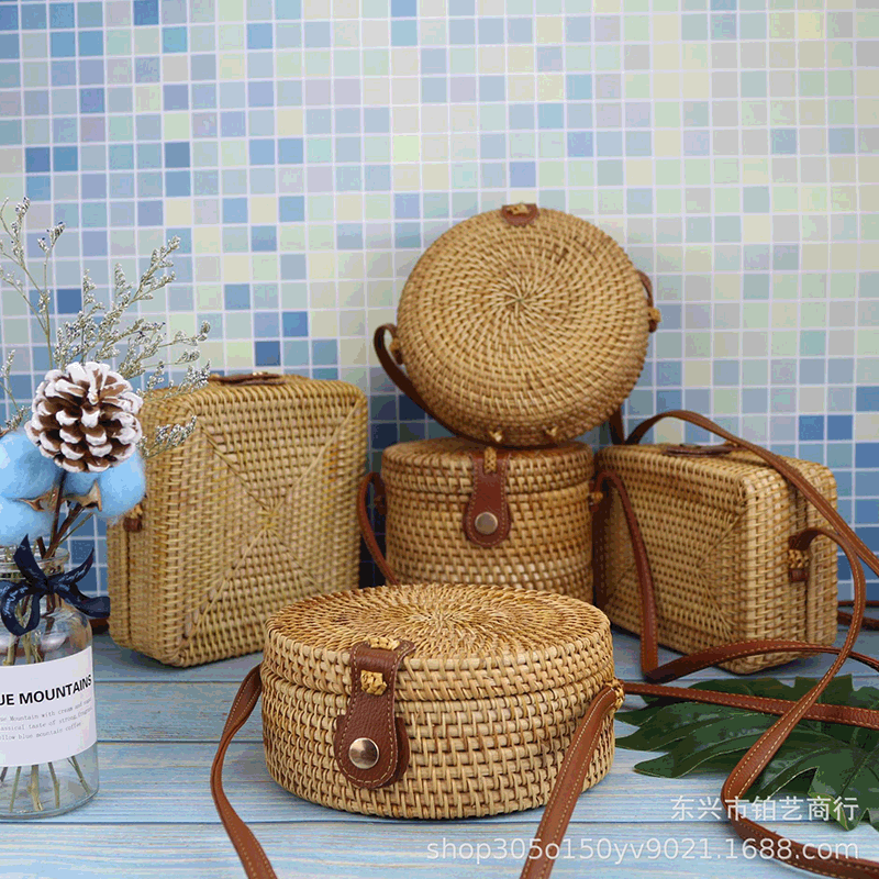 ins Wholesale Vietnam Rattan Handmade Woven Bag Straw Woven Bag Small Round Bucket Single Shoulder Crossbody Bag
