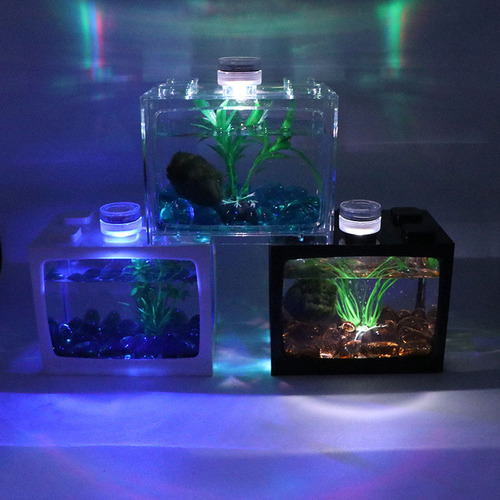 New acrylic fish tank transparent creative table area wooden betta tank LED light mini small landscaping aquarium