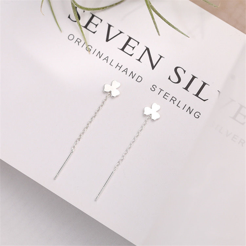 S925 plata fresca suerte pendientes para estudiantes estilo coreano simple gotas para los oídos cadena neta trébol rojo líneas al por mayor