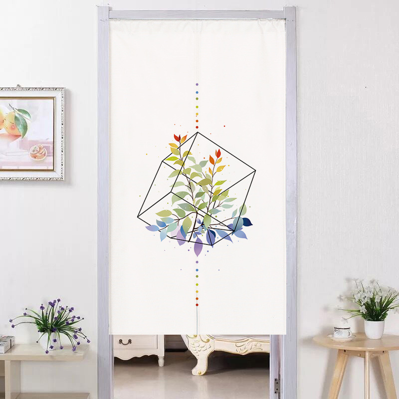 Cross-Border Line-Pattern Plant Door Curtain for Bedroom and Kitchen, No-Drill Partition Curtain, Bathroom and Toilet Fabric Half Curtain