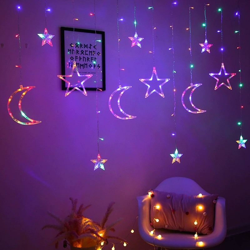 LED star and moon curtain lights, decorative string, warm white/color, USB/battery/110–220V options