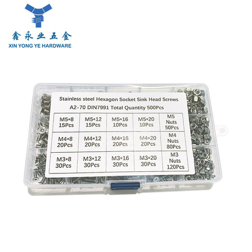 500pcs 304 stainless steel cross-border countersunk head hexagon socket screws and nuts combination set boxed screws M3M4M5