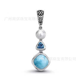 s925银珍珠项链女欧美复古款女款托帕色跨境热销天然海纹宝石吊坠
