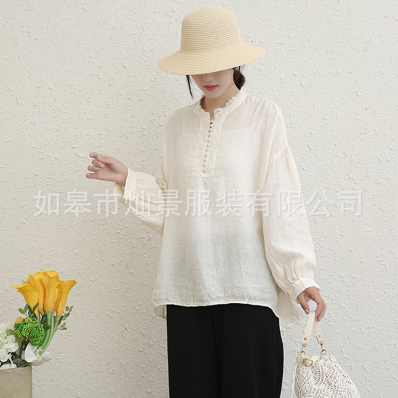 New Linen Breathable Thin Shirt, Women's Solid Color Casual Style Shirt, Long-Sleeve Loose Pullover Top