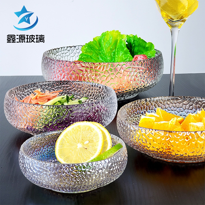 Glass Bowl Japanese Style Hammer Dessert Bowl Salad Bowl Mixed with Cold Dishes Bowl Household Transparent Living Room Rice Bowl Tableware Set