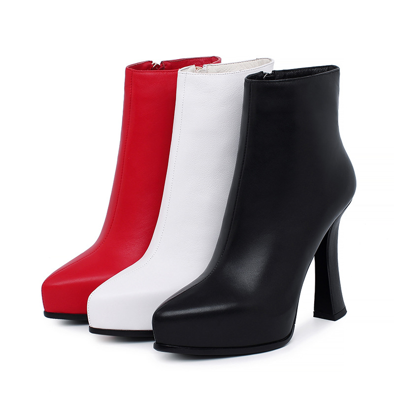 Boot nữ mũi nhọn da thật gót siêu cao 11cm đế chống nước — Lớp lót nhung đen