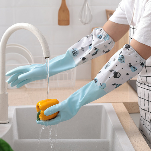 Dishwashing gloves with extended rubber cleaning flower sleeves, random cuffs, velvet thickened latex gloves, women's laundry gloves