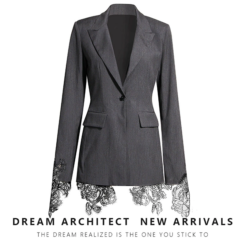 Classic Spring Suit Jacket, Lace Trim & Embroidery, Single-Button Tailored Blazer
