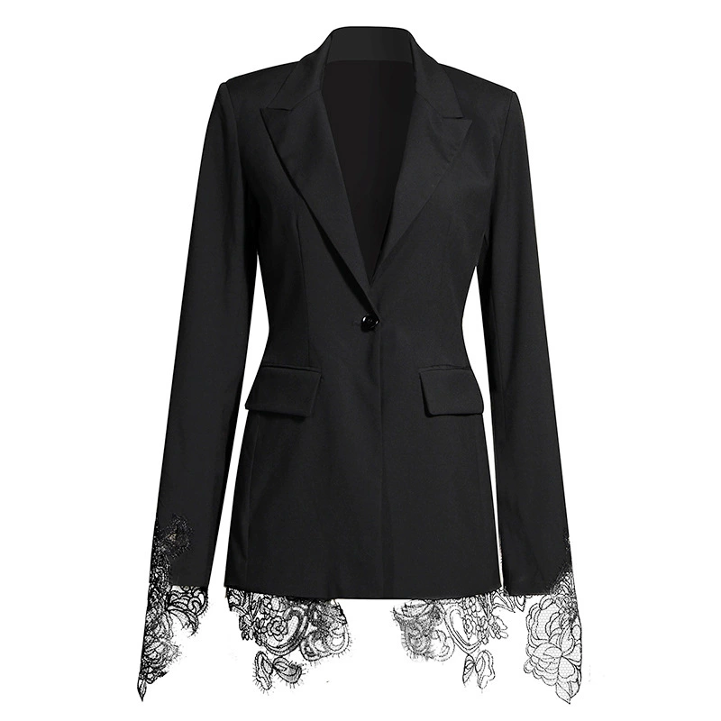 Classic Spring Suit Jacket, Lace Trim & Embroidery, Single-Button Tailored Blazer