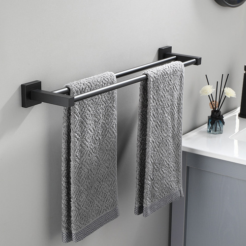 Space aluminum black towel rack double rod square bathroom hotel double-layer towel rack towel bar single rod hanging rod