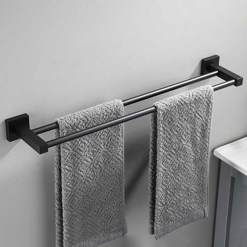 Space aluminum black towel rack double rod square bathroom hotel double-layer towel rack towel bar single rod hanging rod