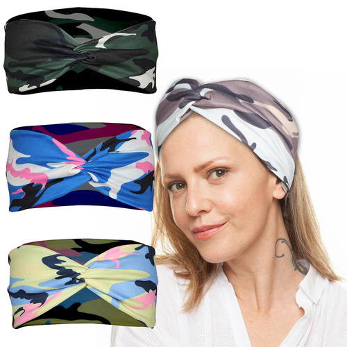 New European and American-style headbands, sports yoga headbands, women's knotted cross-print camouflage hairbands, hair accessories, and headwear